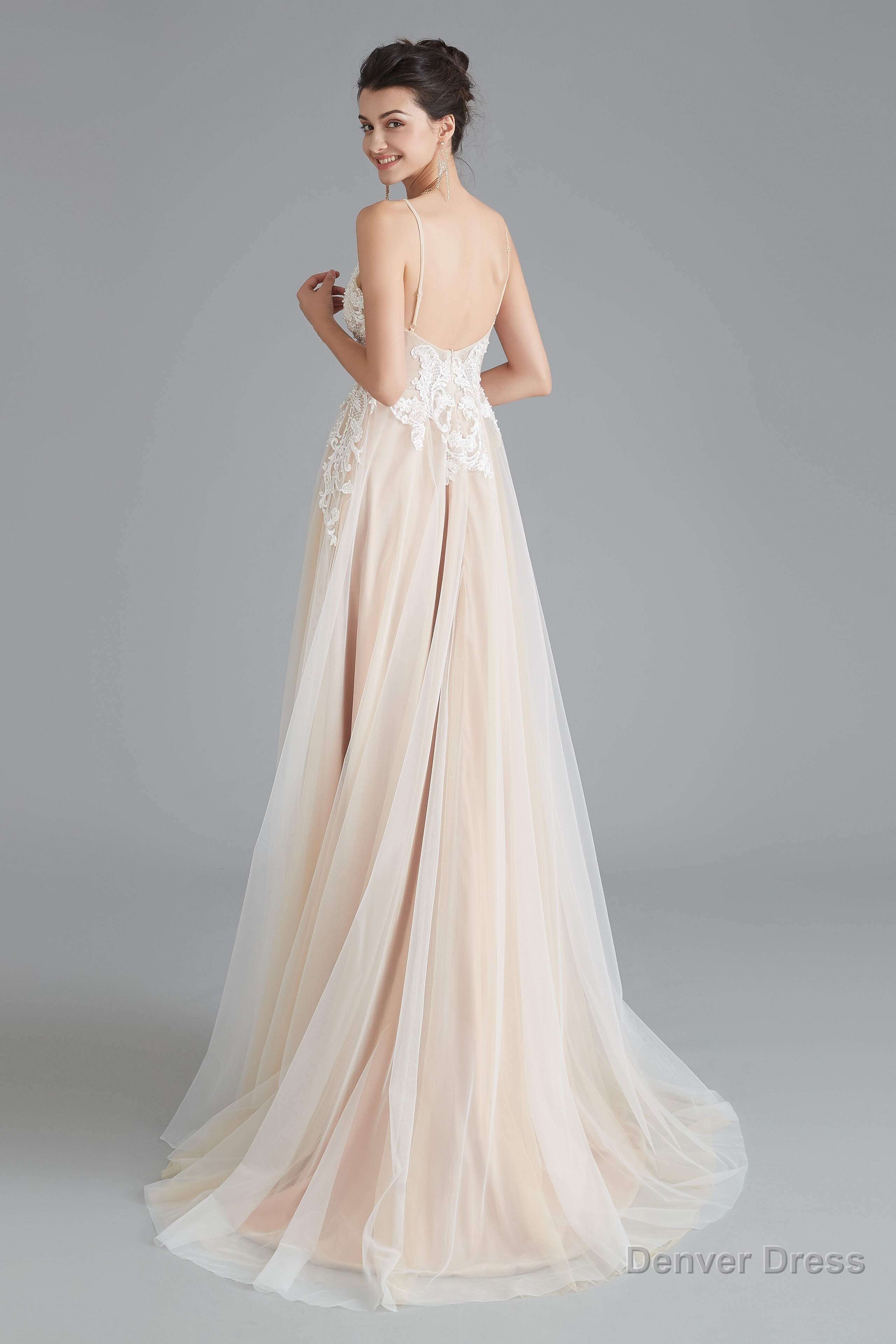 Champagne A-line Prom Dresses with Lace Top