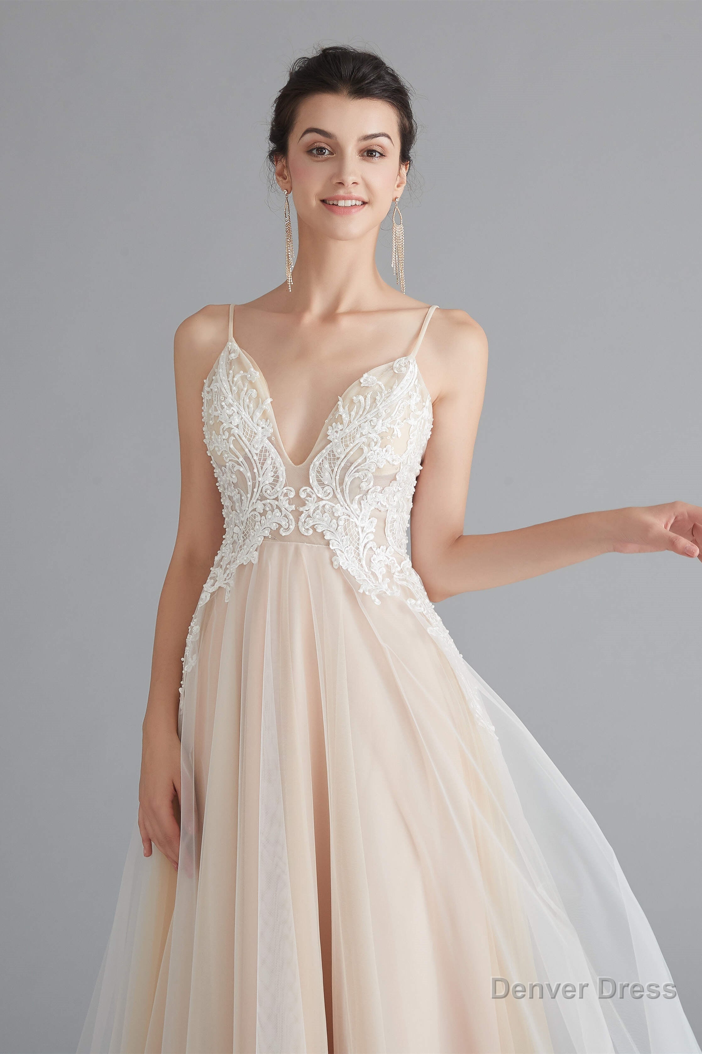 Champagne A Line Prom Dresses with Lace Top