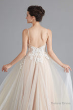 Champagne A Line Prom Dresses with Lace Top