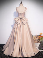 Champagne A-Line Satin Long Prom Dresses, Champagne Evening Dresses