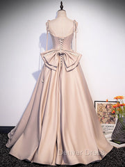 Champagne A-Line Satin Long Prom Dresses, Champagne Evening Dresses