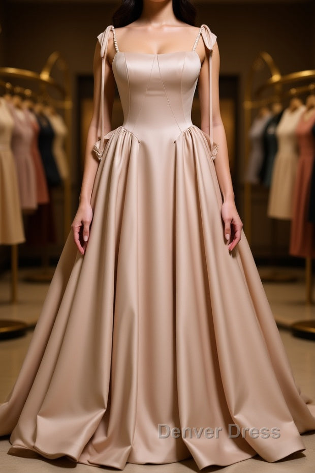Champagne A Line Satin Long Prom Dress, Champagne Prom Dresses Main image
