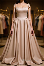 Champagne A Line Satin Long Prom Dress, Champagne Prom Dresses