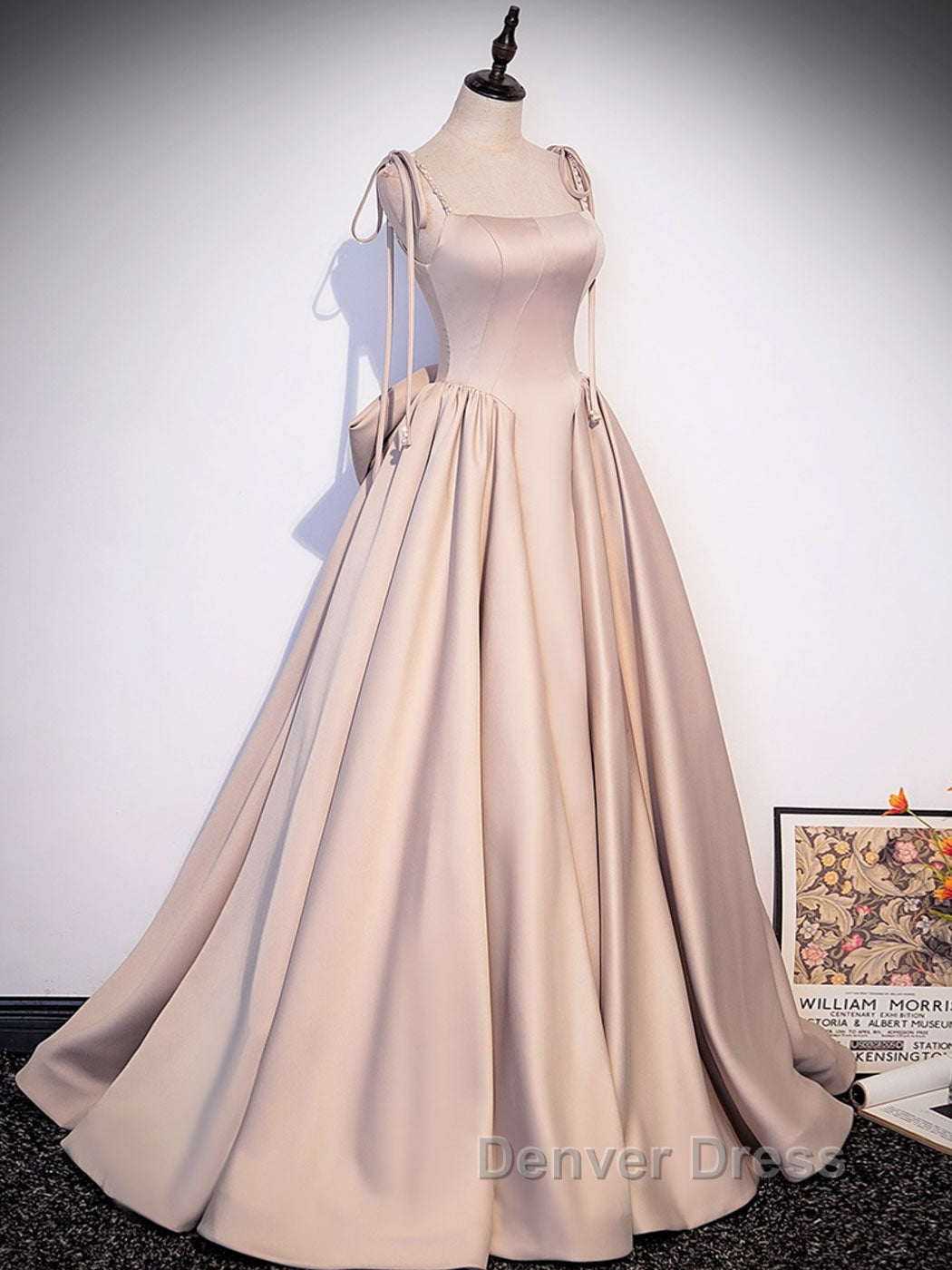 Champagne A Line Satin Long Prom Dress, Champagne Prom Dresses
