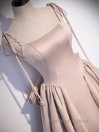 Champagne A Line Satin Long Prom Dress, Champagne Prom Dresses