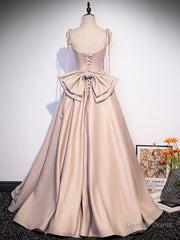 Champagne A-Line Satin Long Prom Dress, Champagne Formal Evening Dress
