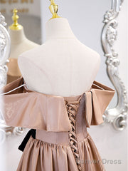 Champagne A Line Satin Off Shoulder Long Prom Dress Champagne Evening Dress