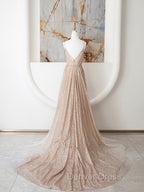 Champagne A Line Spaghetti Strap Sequins Long Prom Dress
