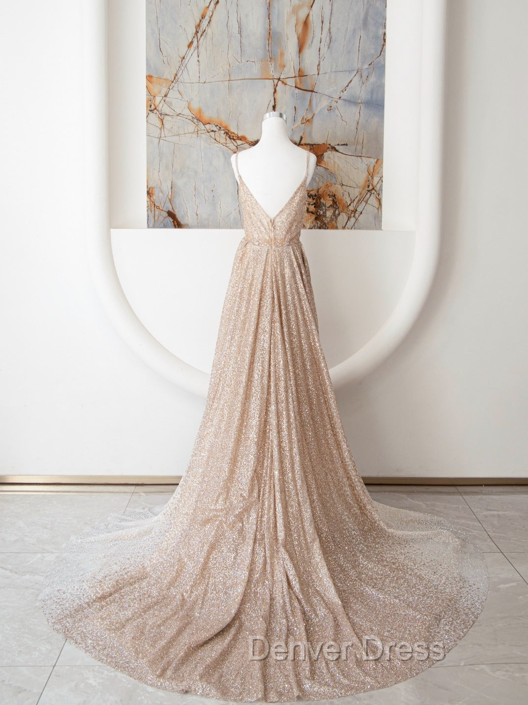 Champagne A Line Spaghetti Strap Sequins Long Prom Dress