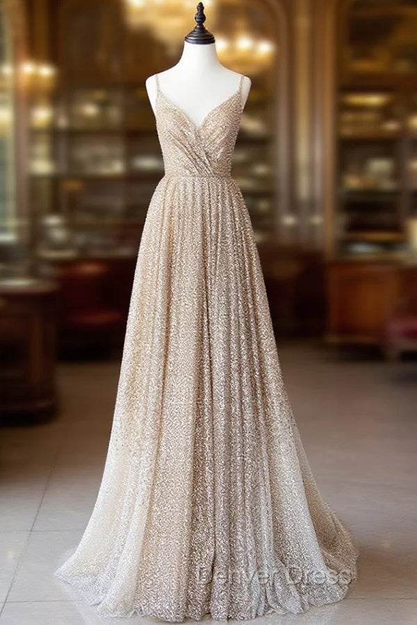 Champagne A Line Spaghetti Strap Sequins Long Prom Dresses Evening Dresses Main image