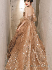 Champagne A-Line Tulle Beaded Off Shoulder Prom Dress, Champagne Party Dress