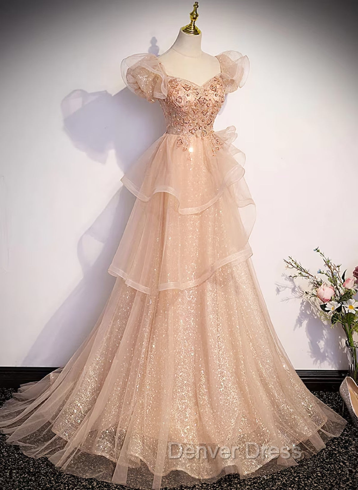Champagne A-Line Tulle BeadedLong Prom Dresses, Champagne Formal Dresses Secondary image