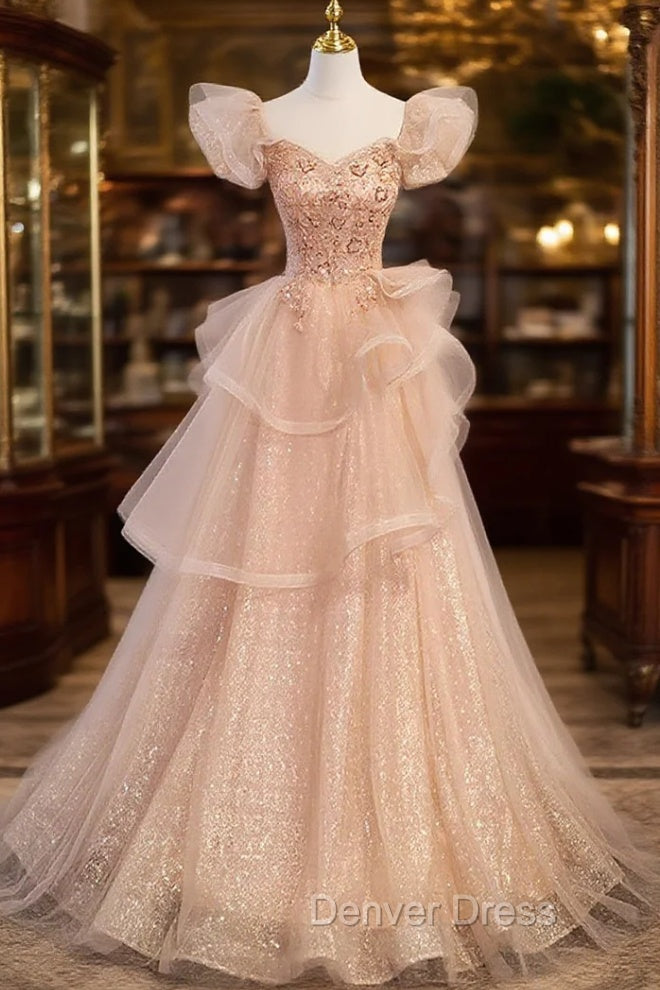 Champagne A-Line Tulle BeadedLong Prom Dresses, Champagne Formal Dresses
