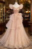 Champagne A-Line Tulle BeadedLong Prom Dresses, Champagne Formal Dresses