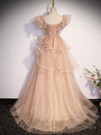 Champagne A Line Tulle Beading Long Prom Dress, Champagne Prom Dresses