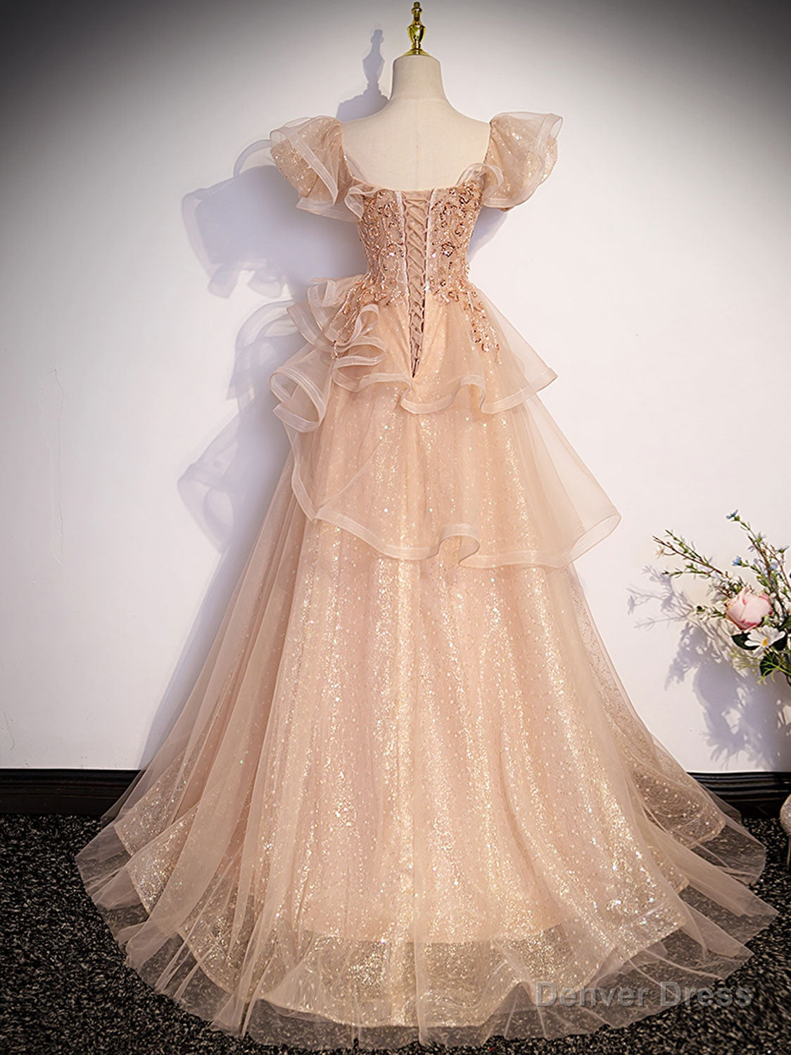 Champagne A Line Tulle Beading Long Prom Dress, Champagne Prom Dresses