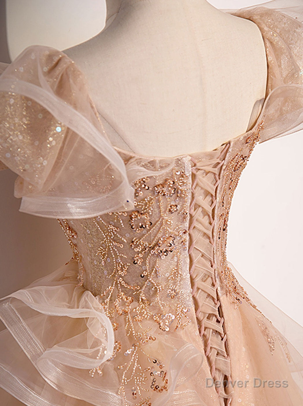 Champagne A Line Tulle Beading Long Prom Dress, Champagne Prom Dresses