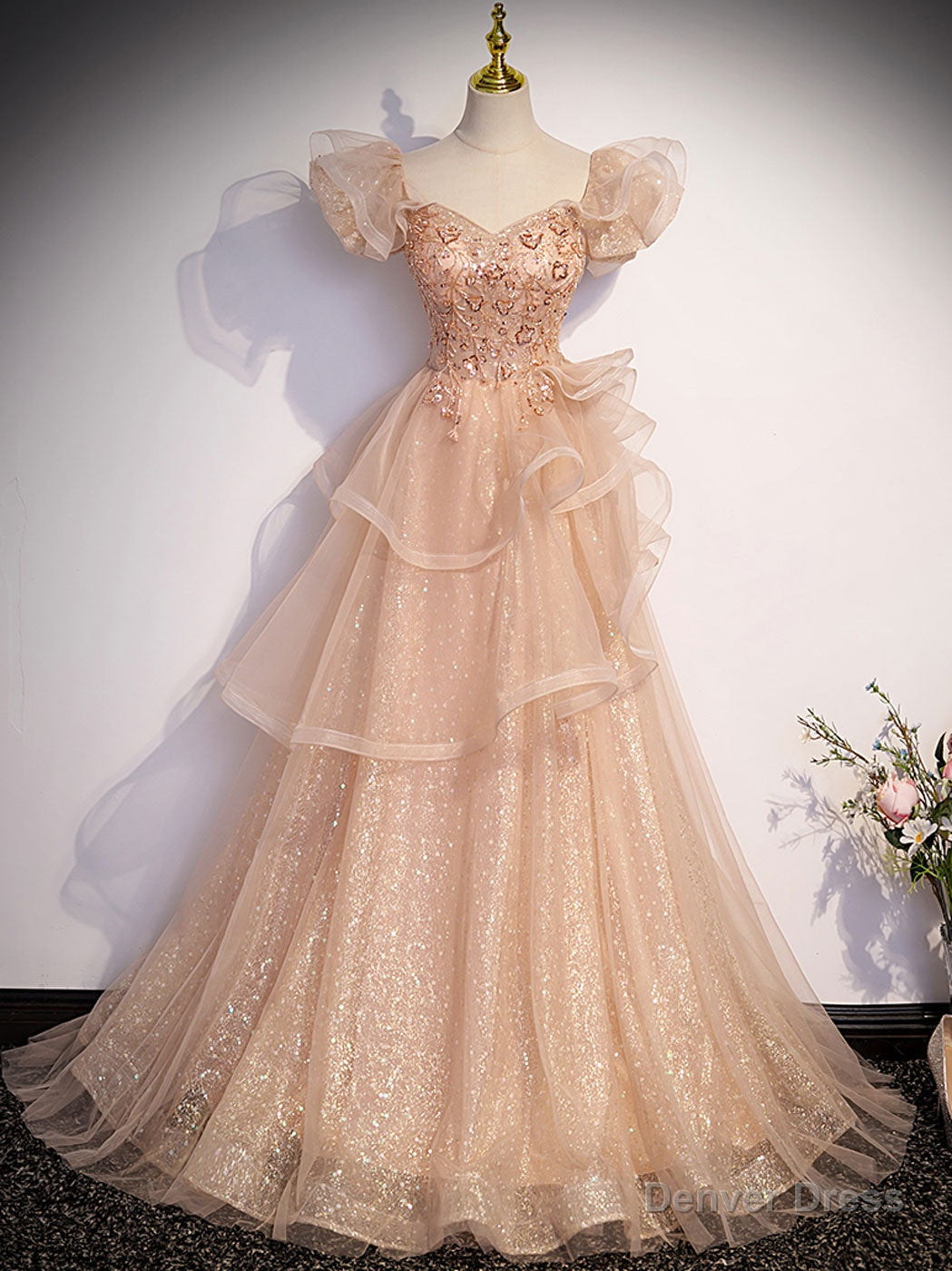 Champagne A Line Tulle Beading Long Prom Dress, Champagne Prom Dresses