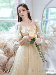 Champagne A-Line Tulle Lace Long Prom Dress, Champagne Evening Dress