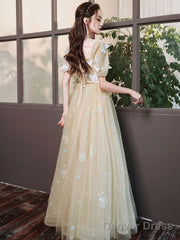 Champagne A-Line Tulle Lace Long Prom Dress, Champagne Evening Dress