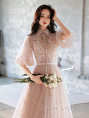 Champagne A-Line Tulle Lace Long Prom Dresses, Champagne Formal Dresses