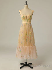 Champagne A Line Tulle Lace Tea Length Prom Dress, Champagne Evening Dress