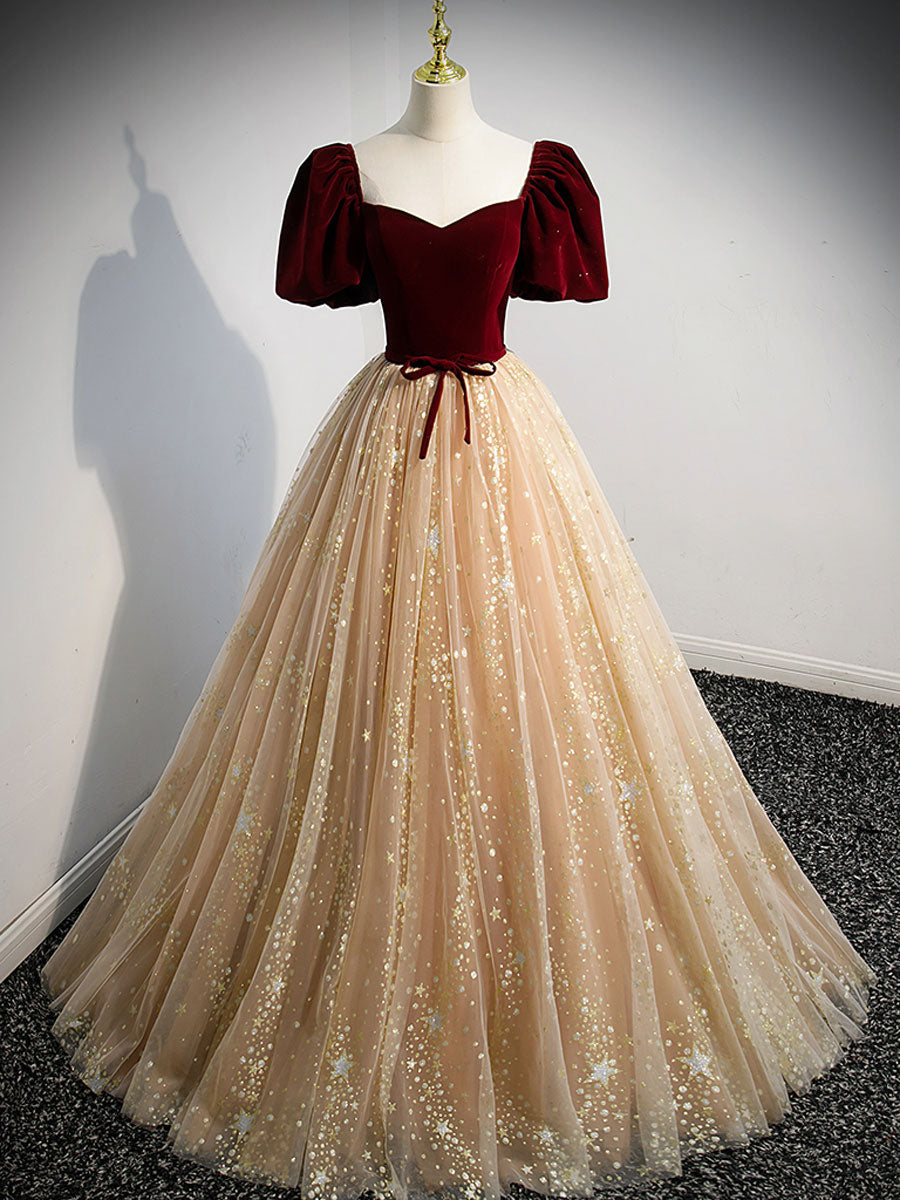 Champagne A Line Tulle Long Prom Dresses, Champagne Evening Dresses Main image