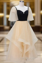 Champagne A-Line Tulle Short Prom Dresses, Champagne Formal Dresses