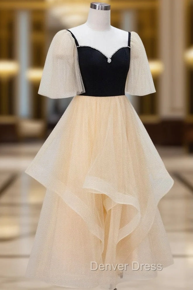 Champagne A-Line Tulle Short Prom Dresses, Champagne Formal Dresses