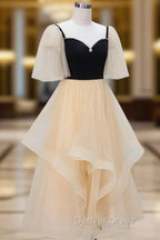 Champagne A Line Tulle Short Prom Dress, Champagne Prom Dresses