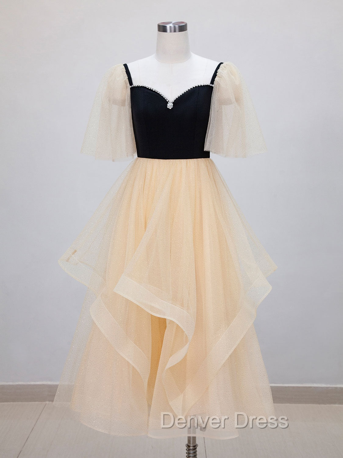 Champagne A-Line Tulle Short Prom Dresses, Champagne Formal Dresses