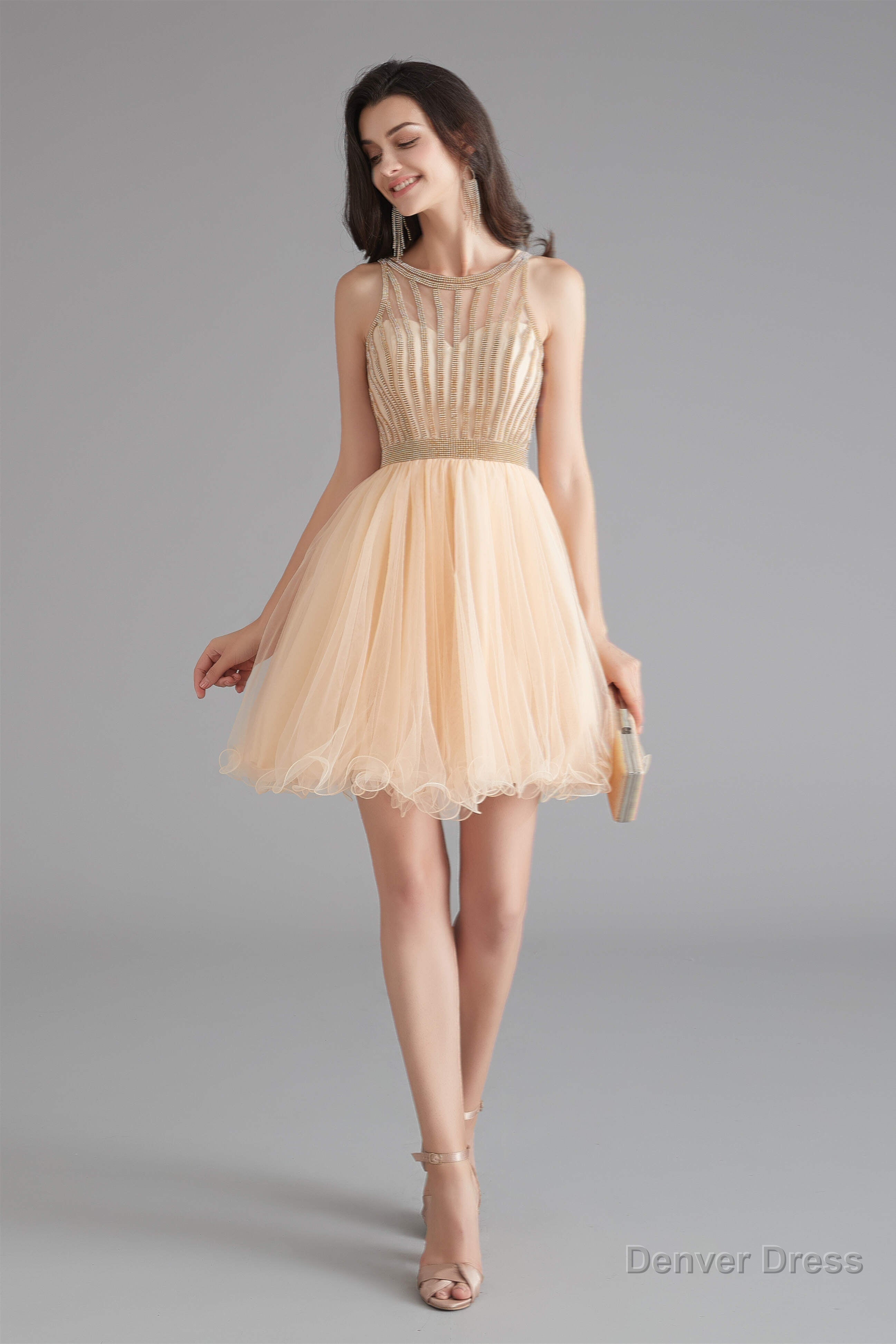 A Line Tulle Sleeveless Beading Homecoming Dresses