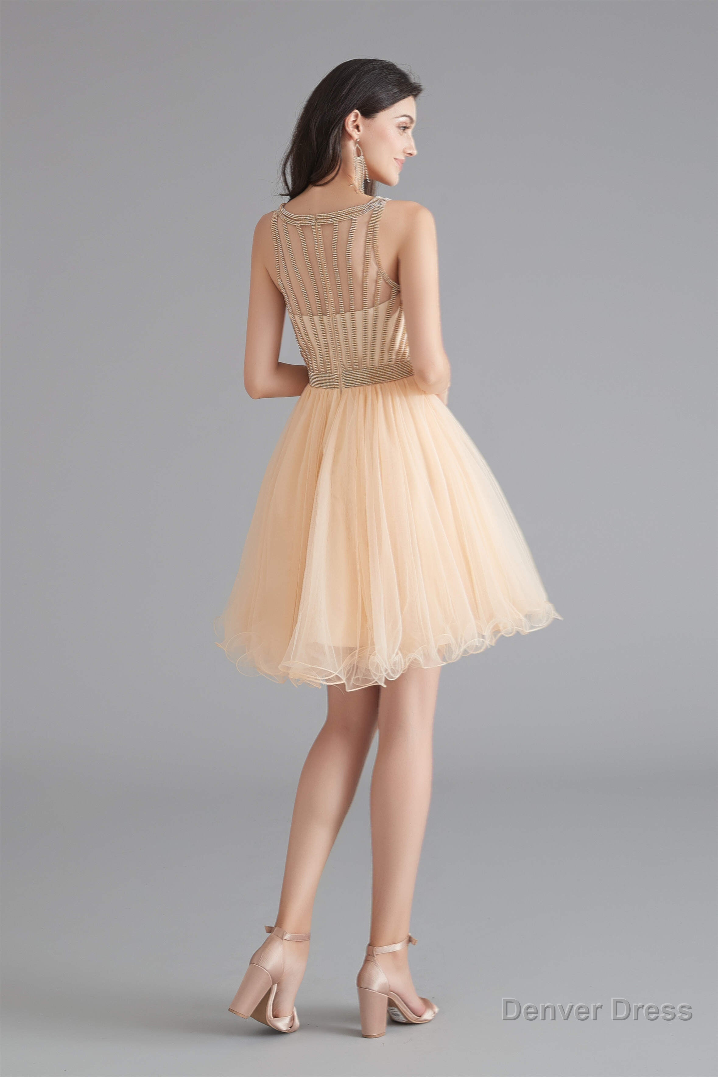 A Line Tulle Sleeveless Beading Homecoming Dresses
