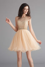 A Line Tulle Sleeveless Beading Homecoming Dresses