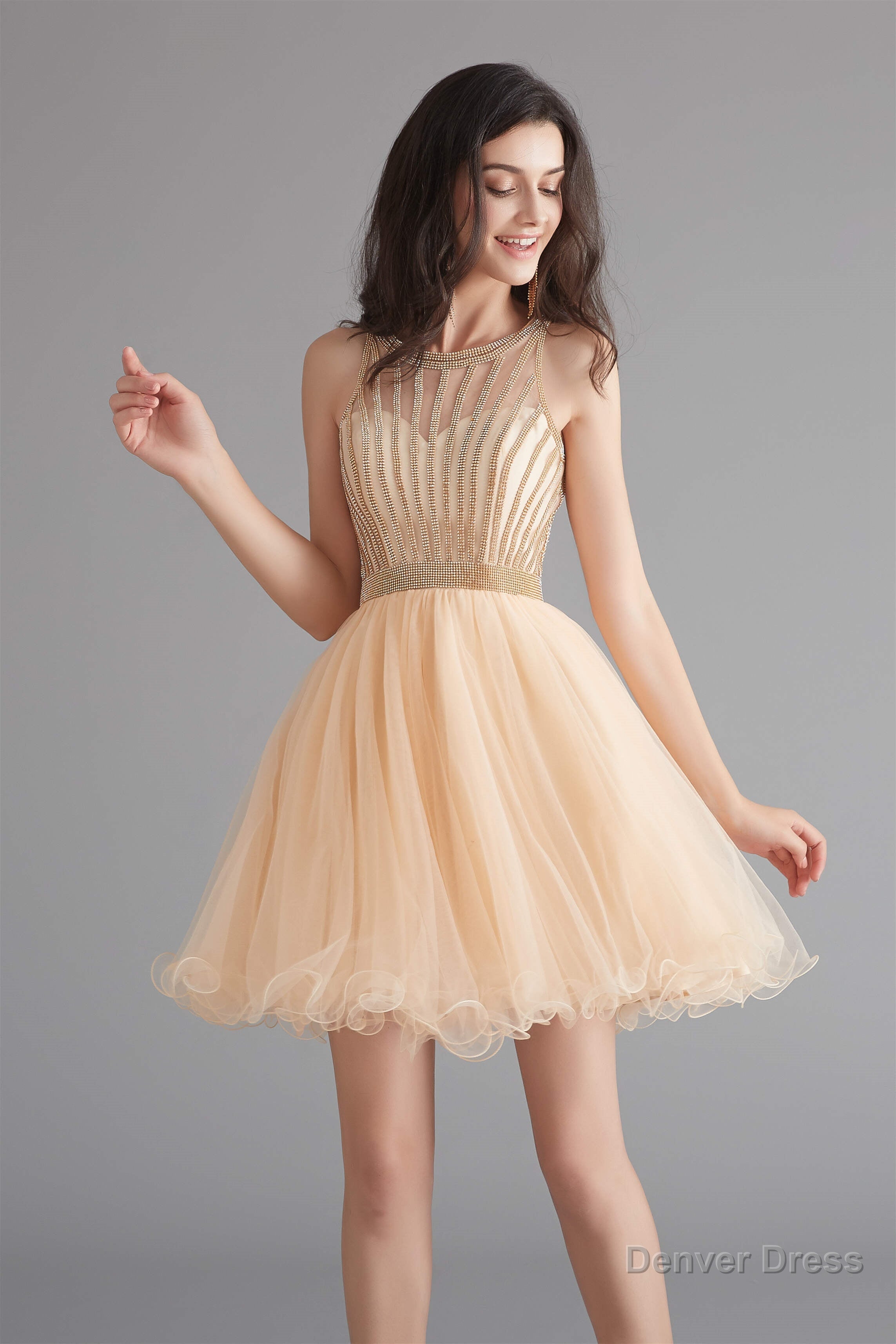 A-Line Tulle Sleeveless Beading Homecoming Dresses
