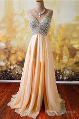 Champagne A-Line  V Neck Chiffon Long Prom Dress, Formal Dresses