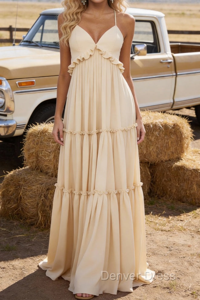 Champagne A-line V Neck Sleeveless Floor-Length Chiffon Prom Dress Long Prom Dresses Backless with Pleated Ruffles