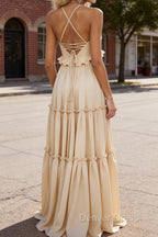 Champagne A-line V Neck Sleeveless Floor-Length Chiffon Prom Dress Long Prom Dresses Backless with Pleated Ruffles