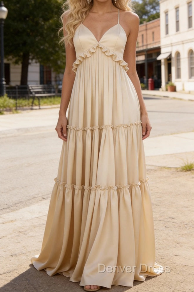 Champagne A-line V Neck Sleeveless Floor-Length Chiffon Prom Dress Long Prom Dresses Backless with Pleated Ruffles