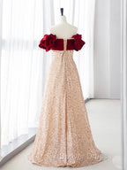 Champagne A Line velvet Long Prom Dress, Champagne Tulle Sequin Long Prom Dresses