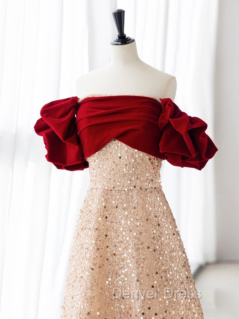 Champagne A Line velvet Long Prom Dress, Champagne Tulle Sequin Long Prom Dresses