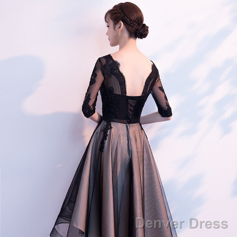Champagne And Black High Low Short Sleeves Prom Dress, High Low Homecoming Dress Prom Dresses