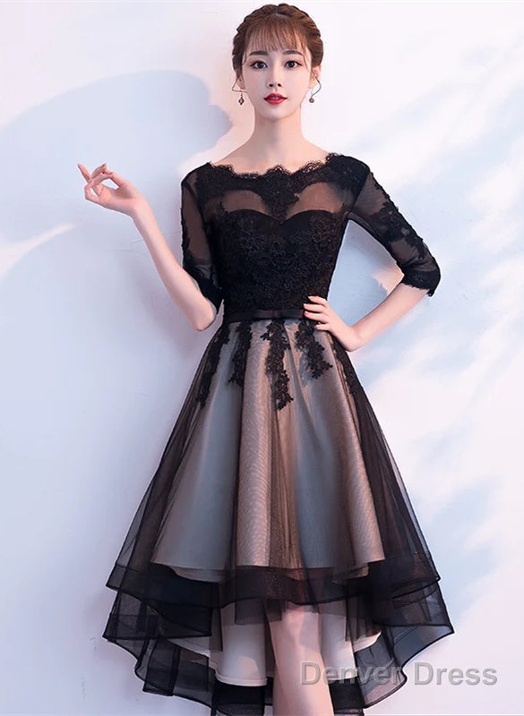 Champagne And Black High Low Short Sleeves Prom Dress, High Low Homecoming Dress Prom Dresses Main image