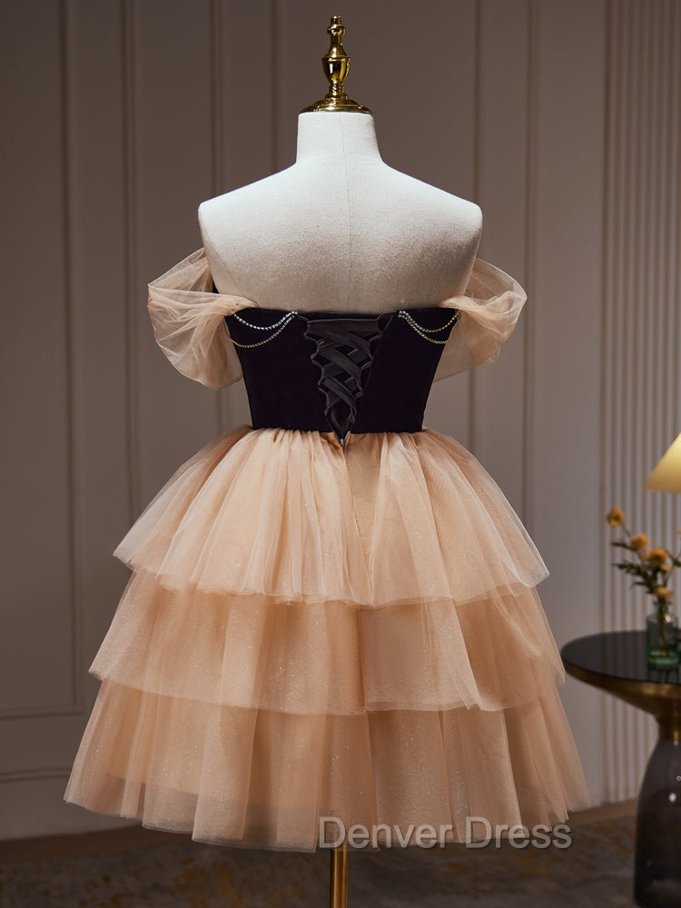 Champagne and Black Sweetheart Short Prom Dress, Tulle Homecoming Dresses Secondary image