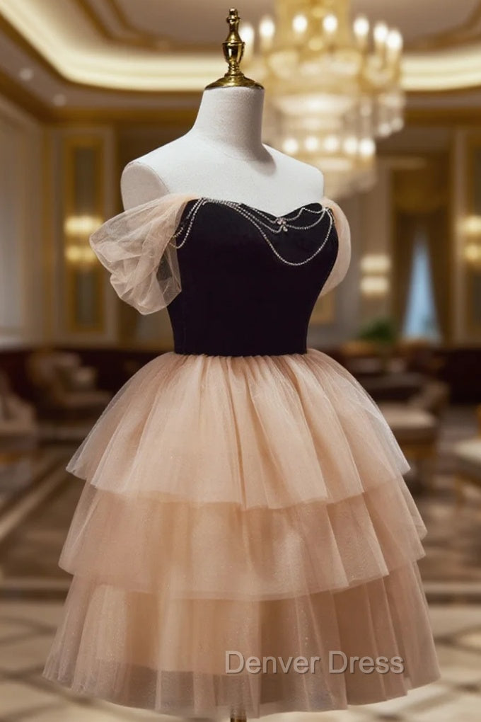 Champagne and Black Sweetheart Short Formal Dresses, Tulle Homecoming Dresses Main image