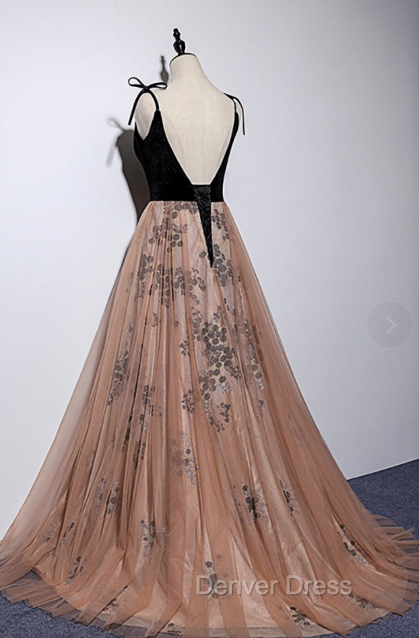 Champagne and Black Vevet Long Prom Dresess, Straps Long Prom Dresses