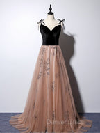 Champagne and Black Vevet Long Prom Dresess, Straps Long Prom Dresses