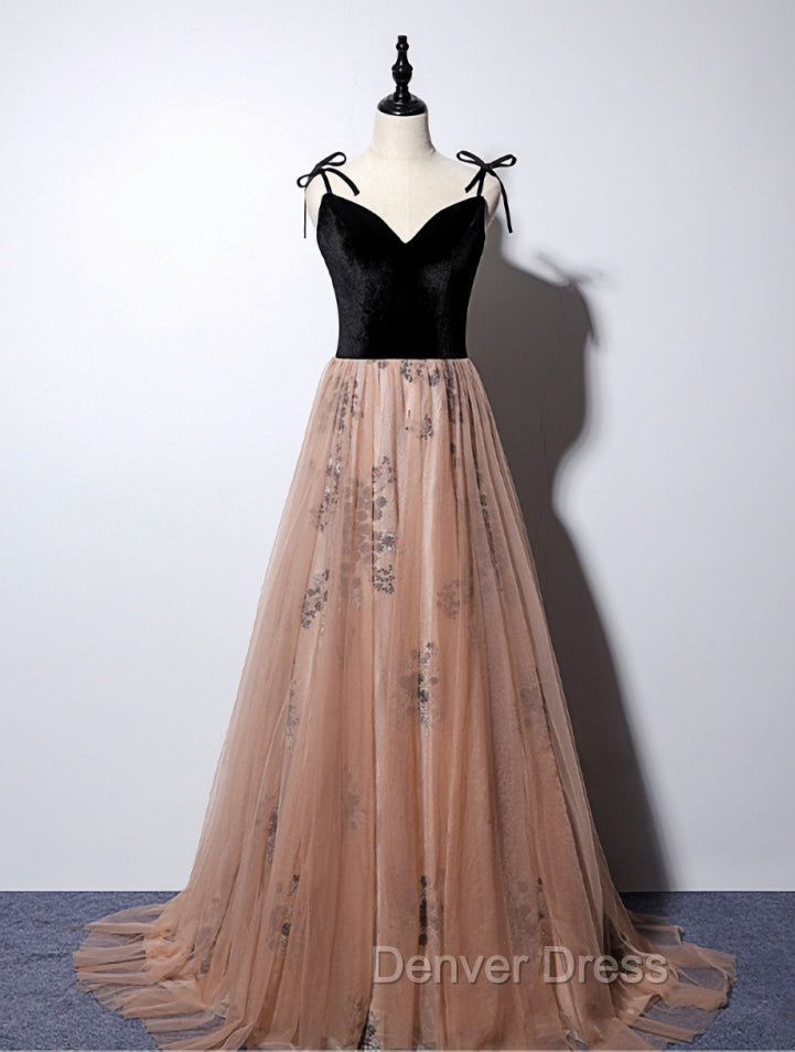 Champagne and Black Vevet Long Prom Dresess, Straps Long Prom Dresses