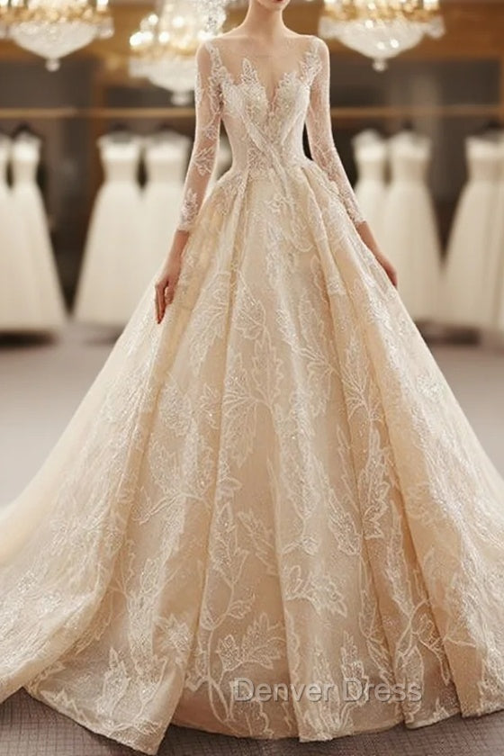 Champagne Ball Gown Lace Long Sleeve Beading Wedding Dresses With Long Train