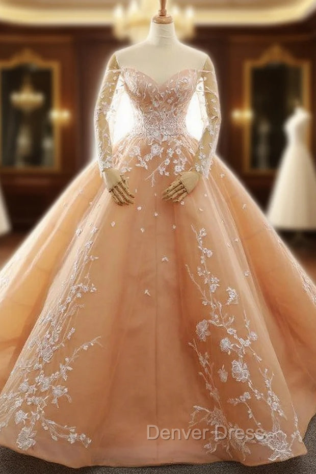 Champagne Ball Gown Off The Shoulder Long Sleeve Wedding Dresses Main image